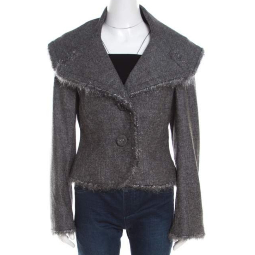 Escada Grey Wool Tinsel Trim Tailored Blazer